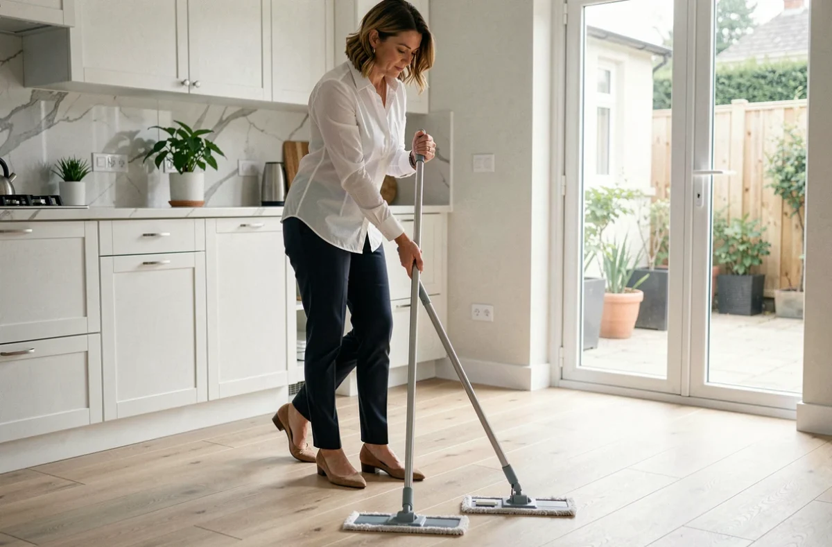 Femme de ménage auto-entrepreneur en train de nettoyer un sol de cuisine moderne avec une serpillière professionnelle