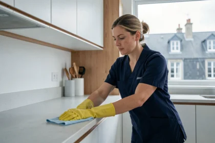 Femme de ménage professionnelle en uniforme essuyant un plan de travail de cuisine moderne à Brest