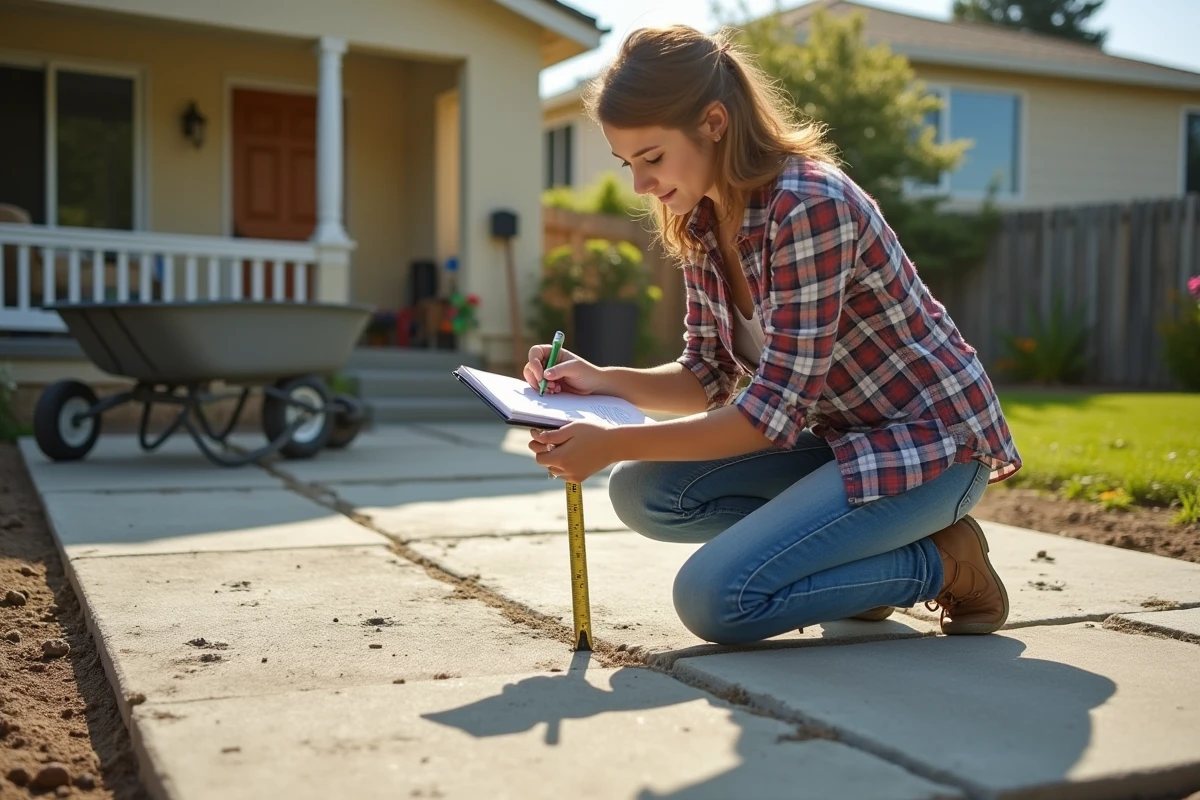 Jeune femme mesure dalle de b&eacute;ton dans le jardin