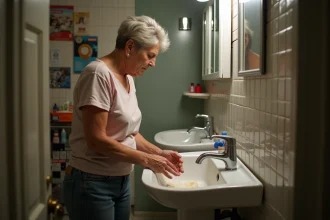 Femme d'âge moyen frustrée dans une petite salle de bain