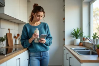 Femme en train de lire une bouteille dans une cuisine moderne