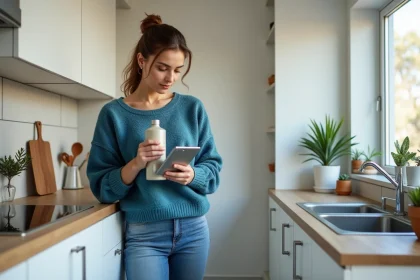 Femme en train de lire une bouteille dans une cuisine moderne