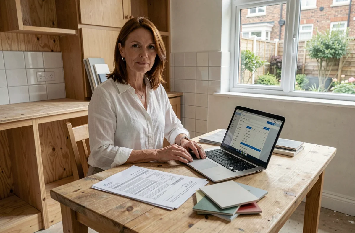 Femme organisant ses documents de rénovation devant un ordinateur avec la plateforme gospi fr Maison et Travaux