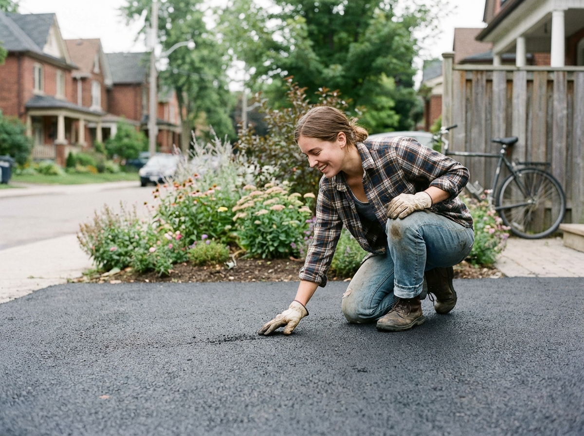Femme souriante touchant son nouveau pavage noir