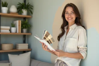 Femme souriante près d’un mur peint dans un salon moderne