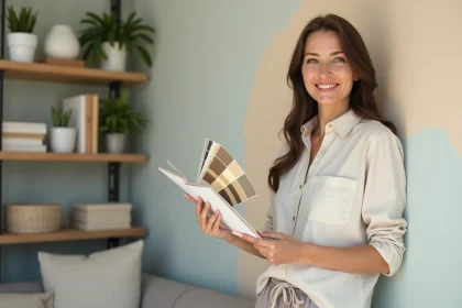 Femme souriante près d’un mur peint dans un salon moderne