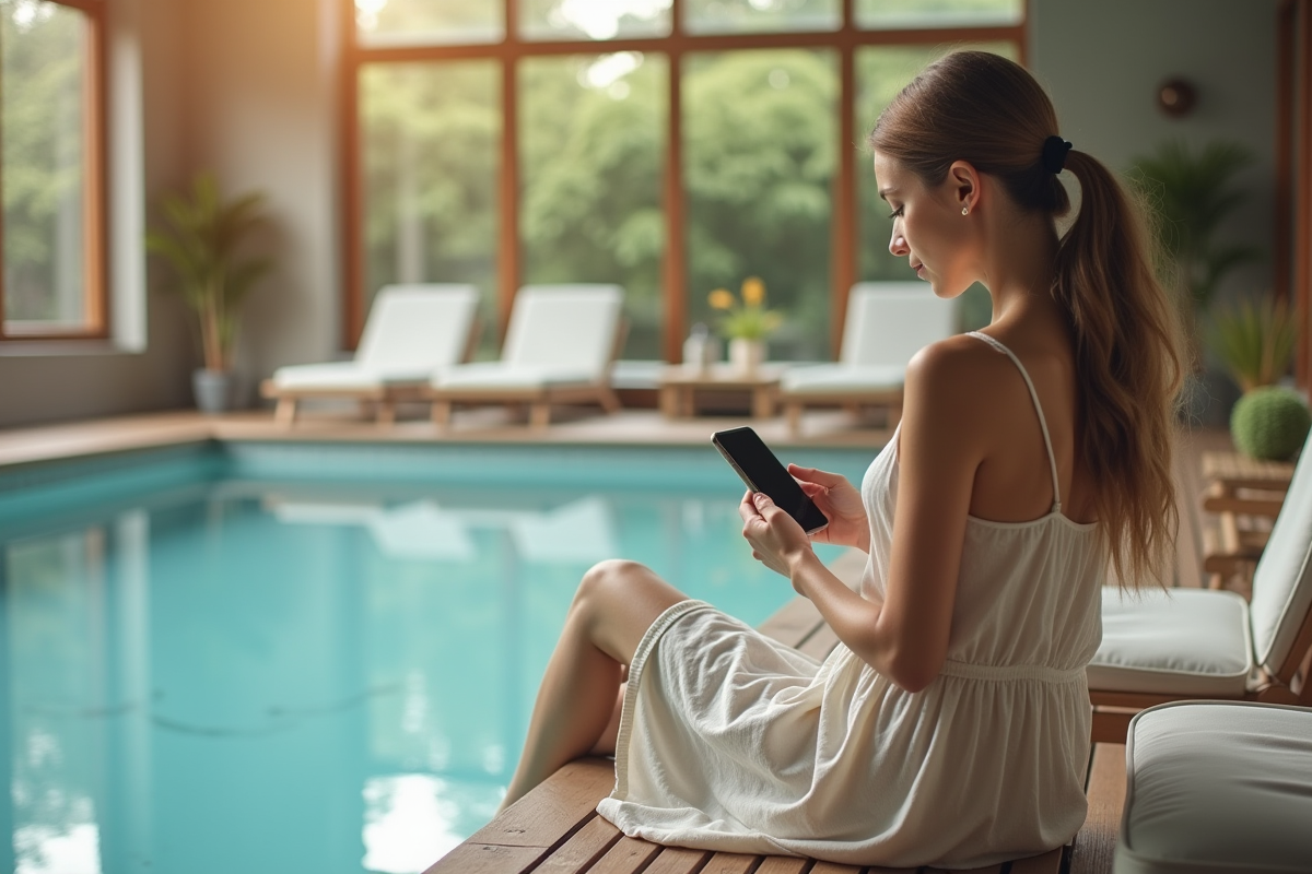 Jeune mère contrôlant le chauffage de la piscine intérieure