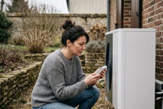 Femme inspectant une pompe à chaleur installée sur le mur extérieur d'une maison pour une rénovation énergétique