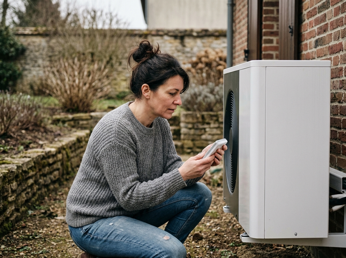 Femme inspectant une pompe à chaleur installée sur le mur extérieur d'une maison pour une rénovation énergétique