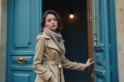 Jeune femme ouvrant la porte bleue &agrave; Lyon