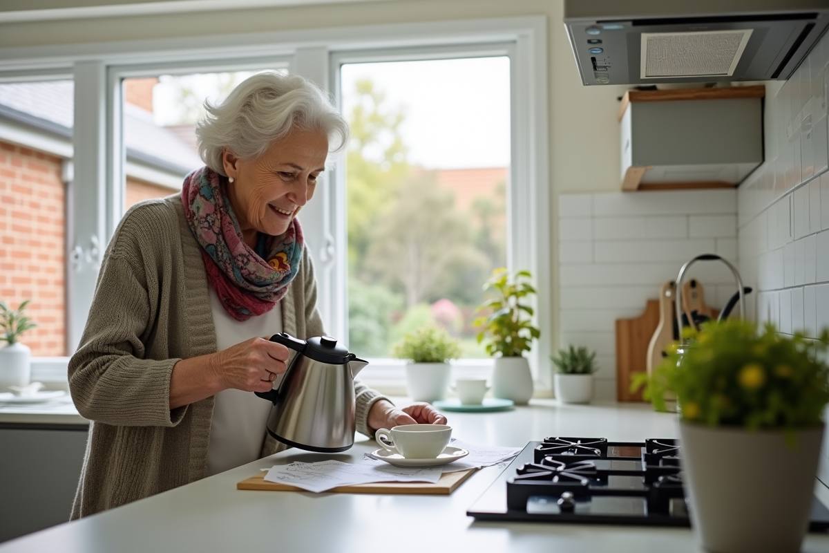 Femme âgée versant du thé dans une cuisine moderne et écologique
