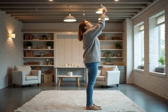 Femme dans une salle de bain rénovée examine des luminaires modernes