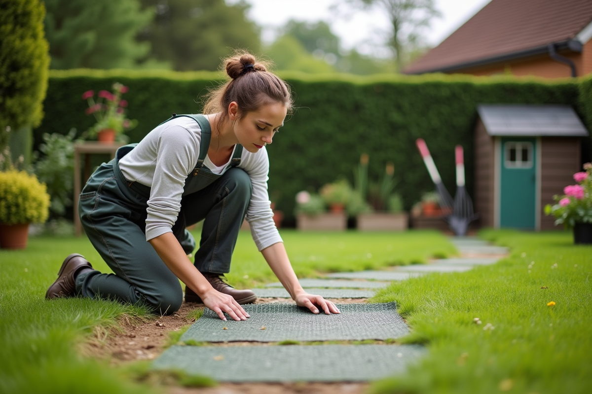 Jeune femme posant une maille de réparation sur la pelouse