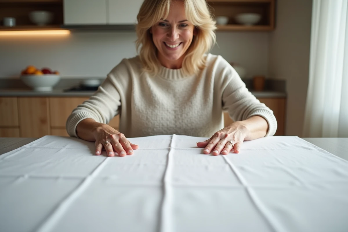 Femme souriante ajustant une nappe blanche sur la table