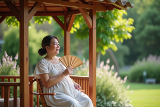 Femme détendue dans un gazebo en été avec ventilateur