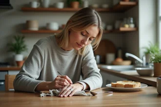 Femme polissant une cuillère en argent ternie à la maison