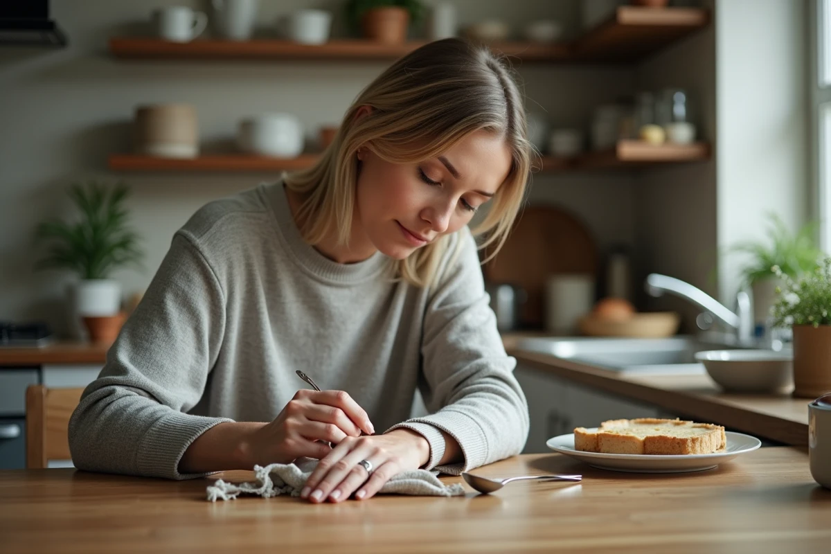 Femme polissant une cuillère en argent ternie à la maison