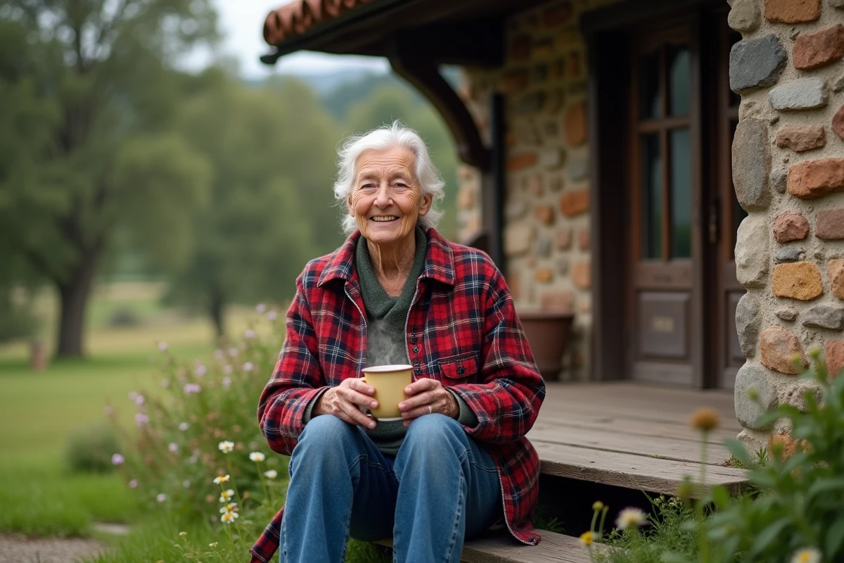 Femme âgée sur les marches d’un chalet rural
