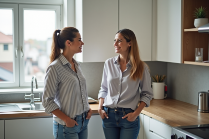 Femme souriante &eacute;coute un installateur de cuisine moderne