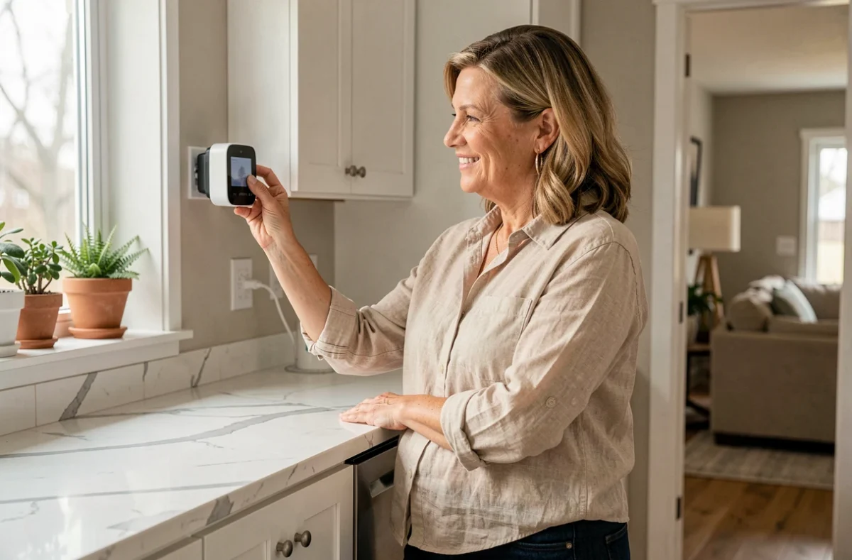 Femme réglant le thermostat connecté d'une pompe à chaleur dans une cuisine moderne lumineuse