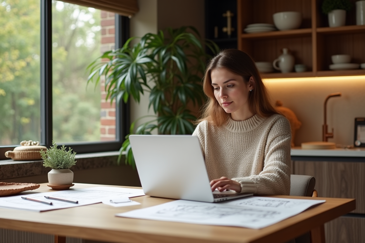 Jeune femme travaillant sur un ordinateur à la table à manger