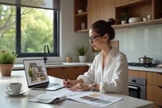 Femme travaillant sur un plan de maison dans une cuisine moderne