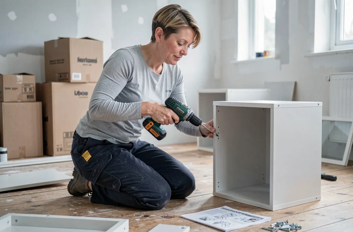 Femme assemblant un meuble avec une visseuse sans fil lors d'une rénovation intérieure