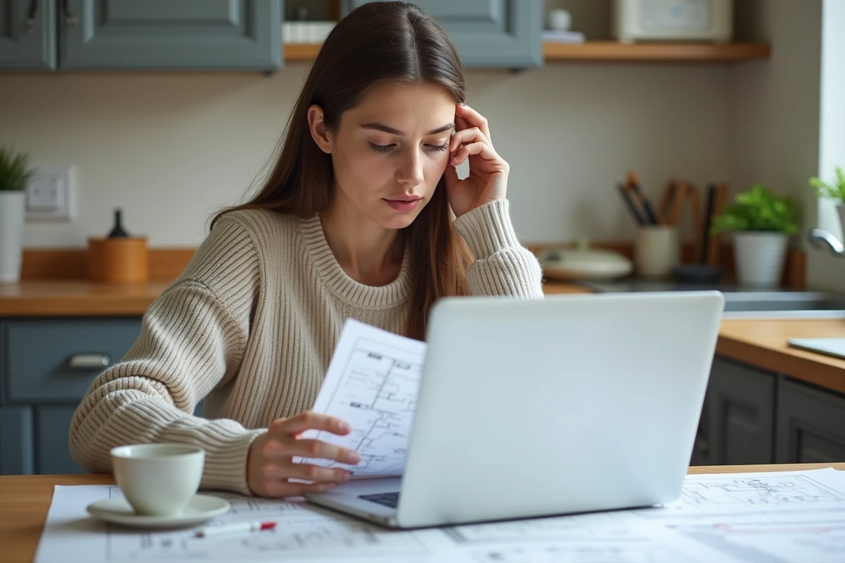 Jeune femme étudiant des schémas électriques à la maison