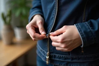 Mains de femme débloquant une fermeture éclair coincée en bas d'une veste en jean