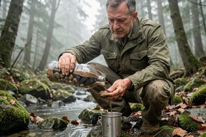 Homme adulte filtrant de l'eau de pluie en survie grâce à un filtre artisanal en bouteille plastique dans une forêt