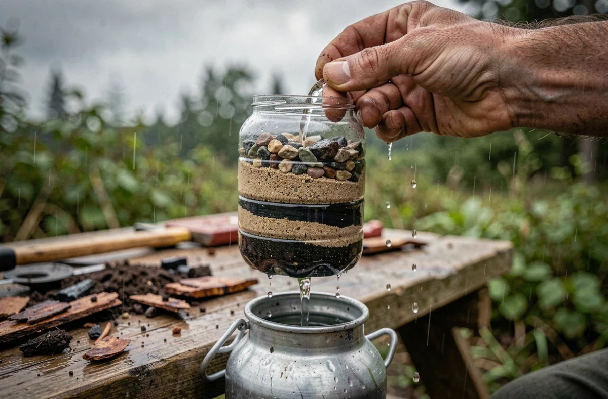 Gros plan sur un filtre artisanal multicouche pour purifier l'eau de pluie en situation d'urgence survivaliste