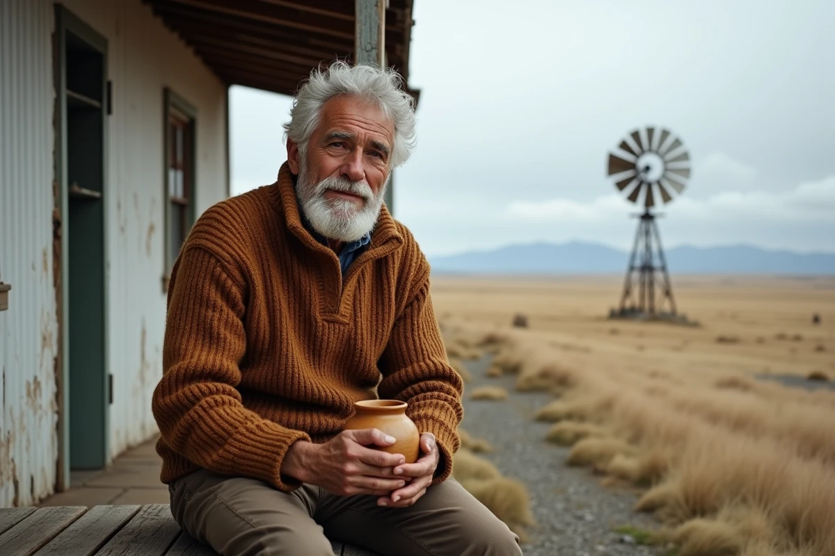 Homme âgé aux cheveux gris buvant un maté devant une estancia en Patagonie argentine