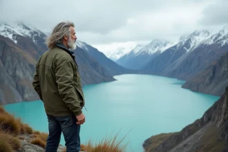 Homme aux cheveux argentés contemplant un lac glaciaire en Patagonie depuis une falaise rocheuse
