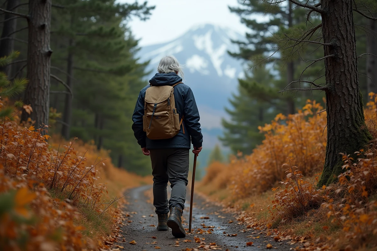 Homme marchant seul sur un sentier de forêt de hêtres en Patagonie en automne avec sac à dos