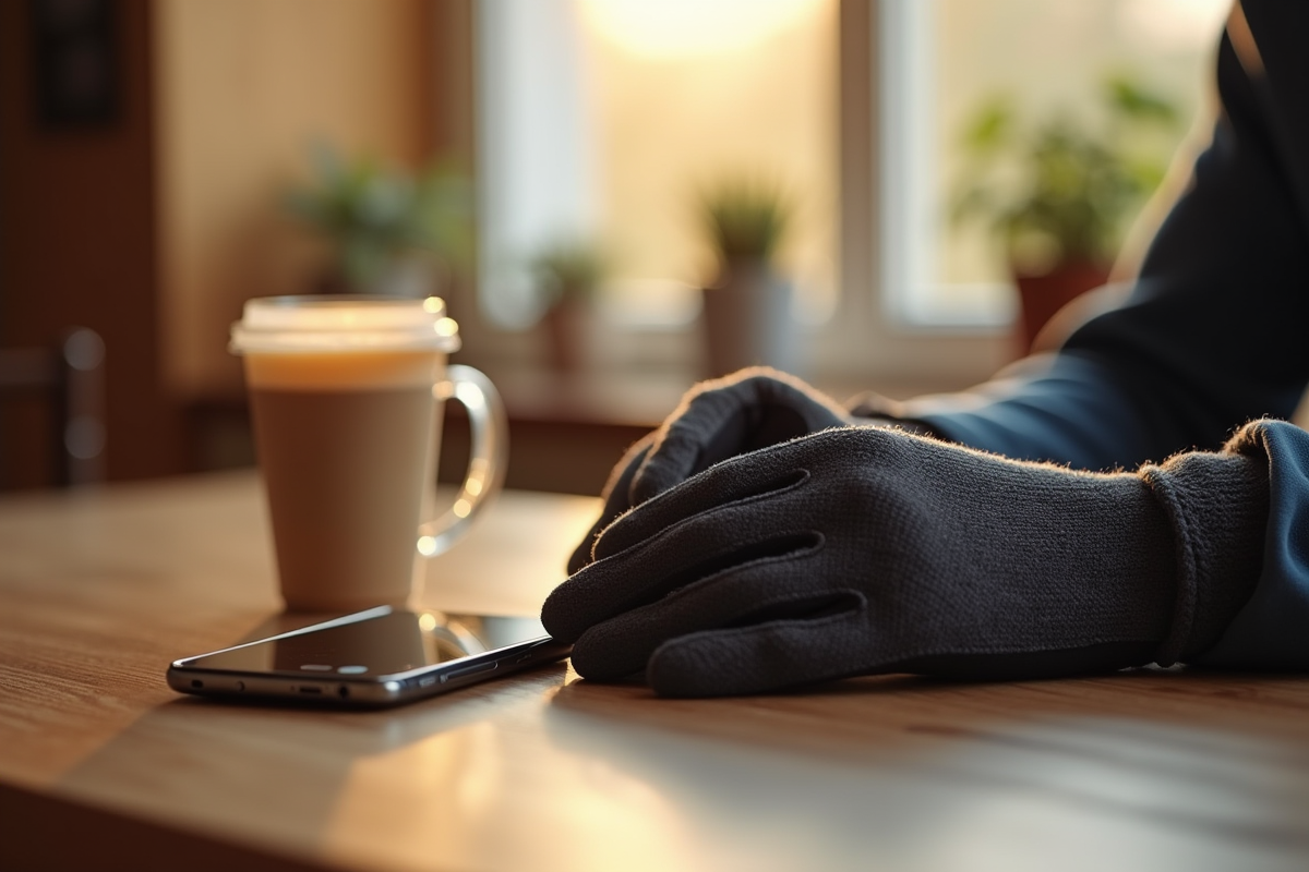 Gants thermiques posés sur une table en intérieur avec boisson et smartphone