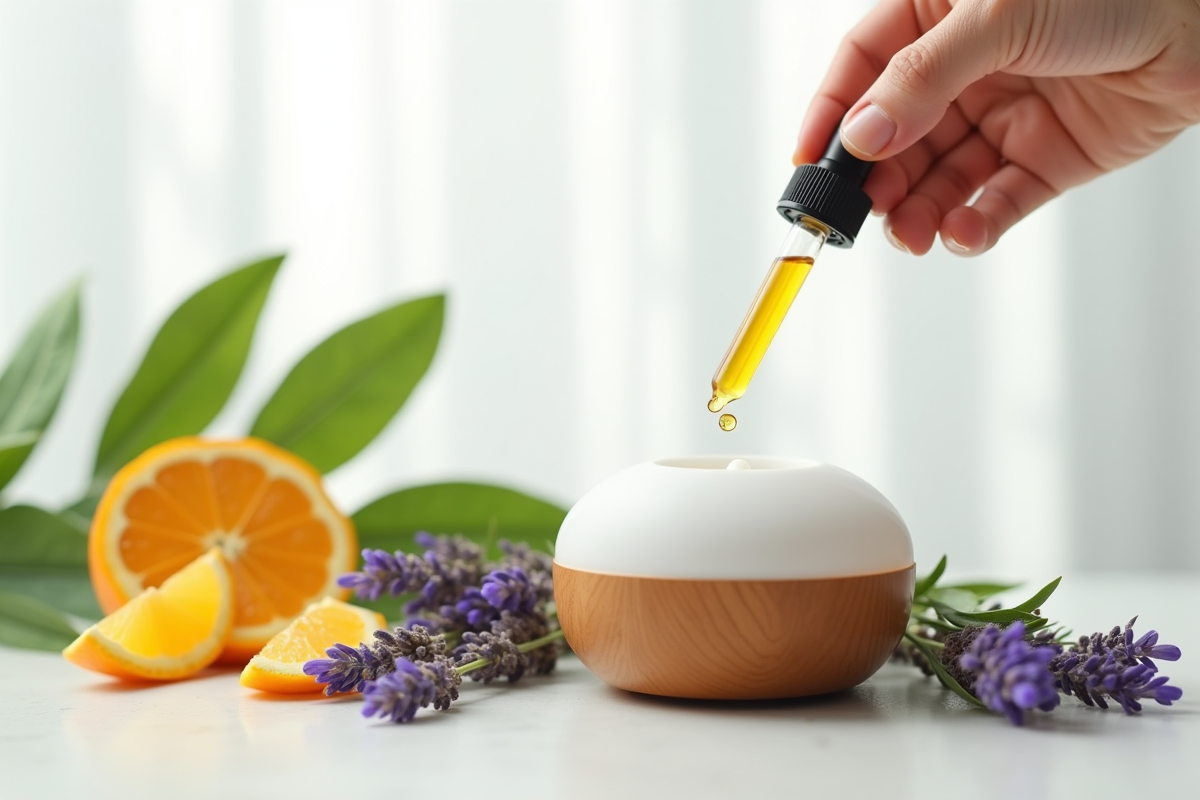 Gouttes d huiles essentielles tombant dans un diffuseur avec ingrédients naturels