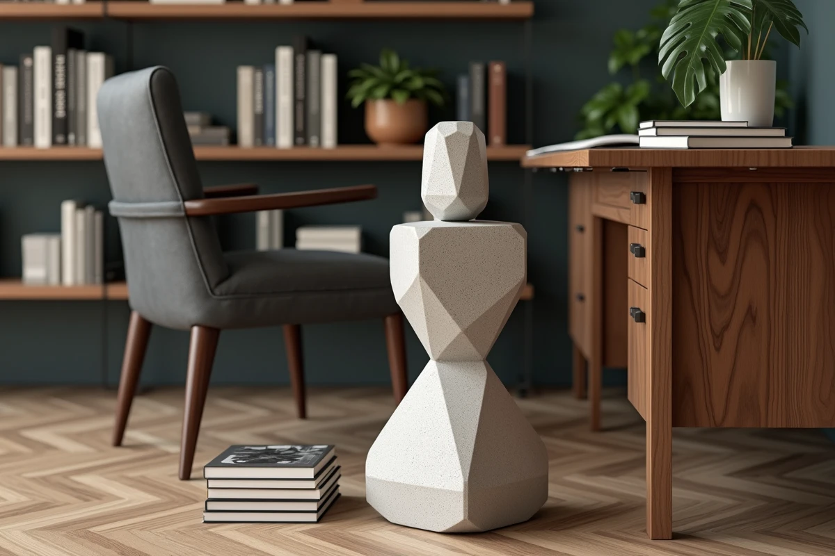 Grande statue décorative en béton brut géométrique posée sur parquet en chevrons dans un bureau à domicile moderne, tendances décoration intérieure 2026