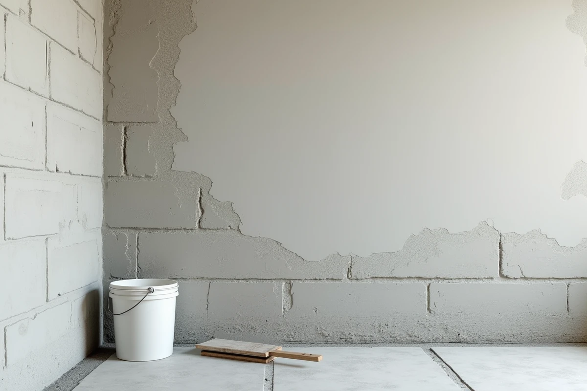 Gros plan sur l'application d'enduit lissant sur un mur en parpaing avec une règle métallique et un seau de plâtre