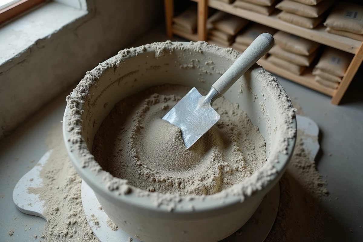 Gros plan sur un mélange ciment et sable dans une auge de chantier avec une truelle