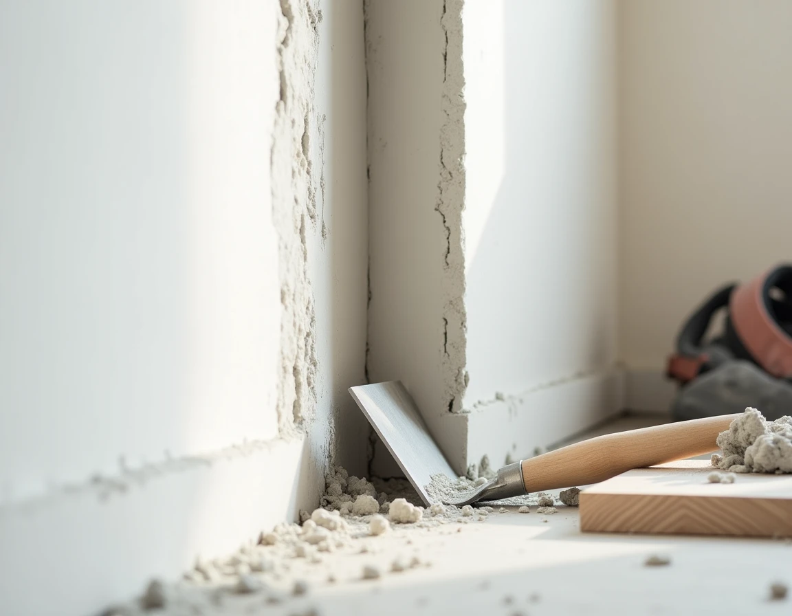 Gros plan sur une saignée rebouchée avec de l'enduit map dans un mur en plâtre, avec une taloche et des traces de mortier visibles