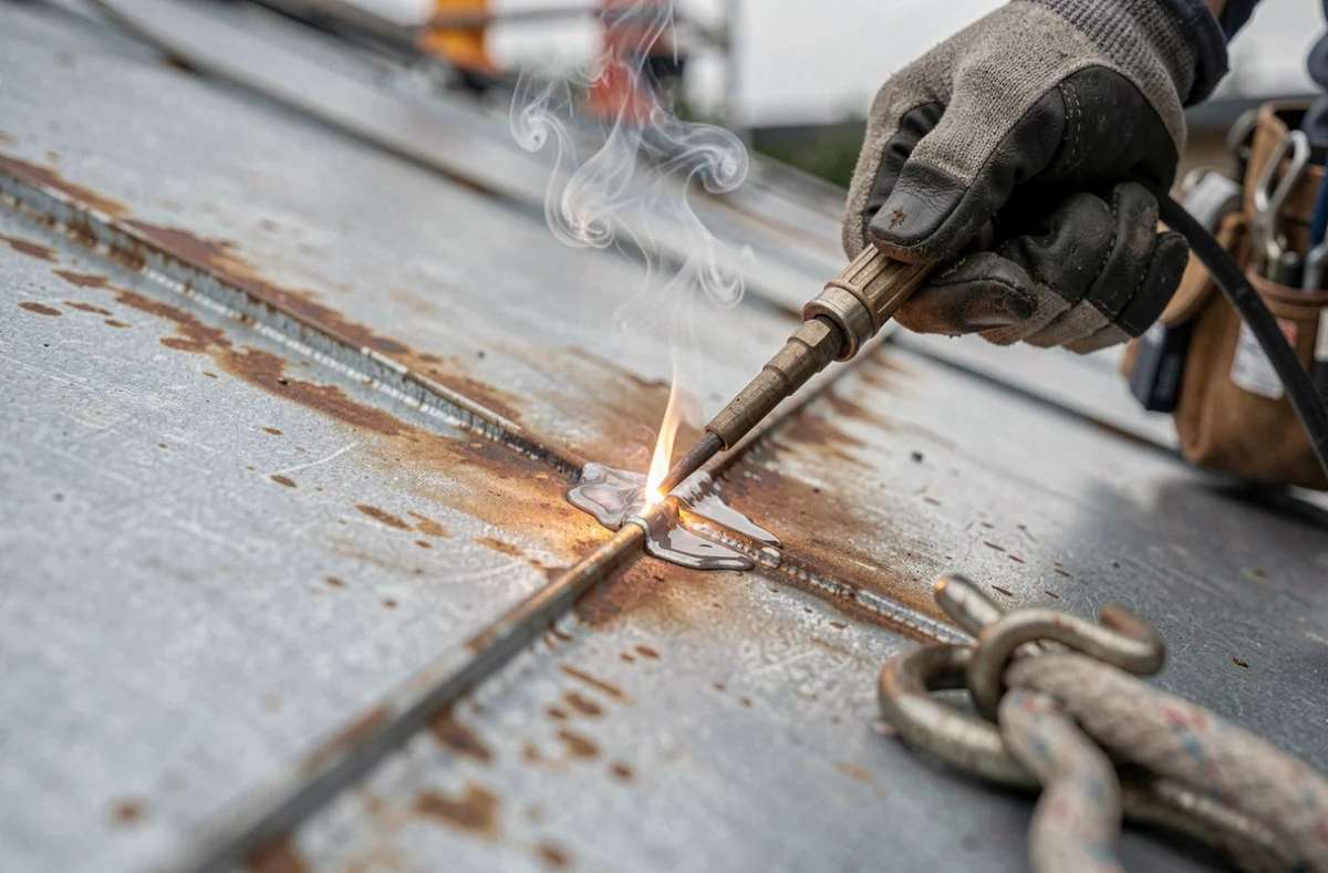 Gros plan sur une soudure de joint en zinc sur toiture avec fer à souder professionnel, crochet de sécurité et détail de patine zinc naturelle