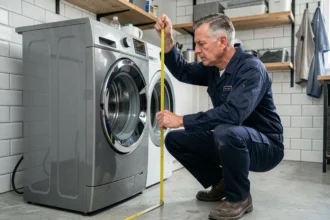 Technicien mesurant la hauteur standard d'une machine à laver dans une buanderie moderne avec un mètre ruban