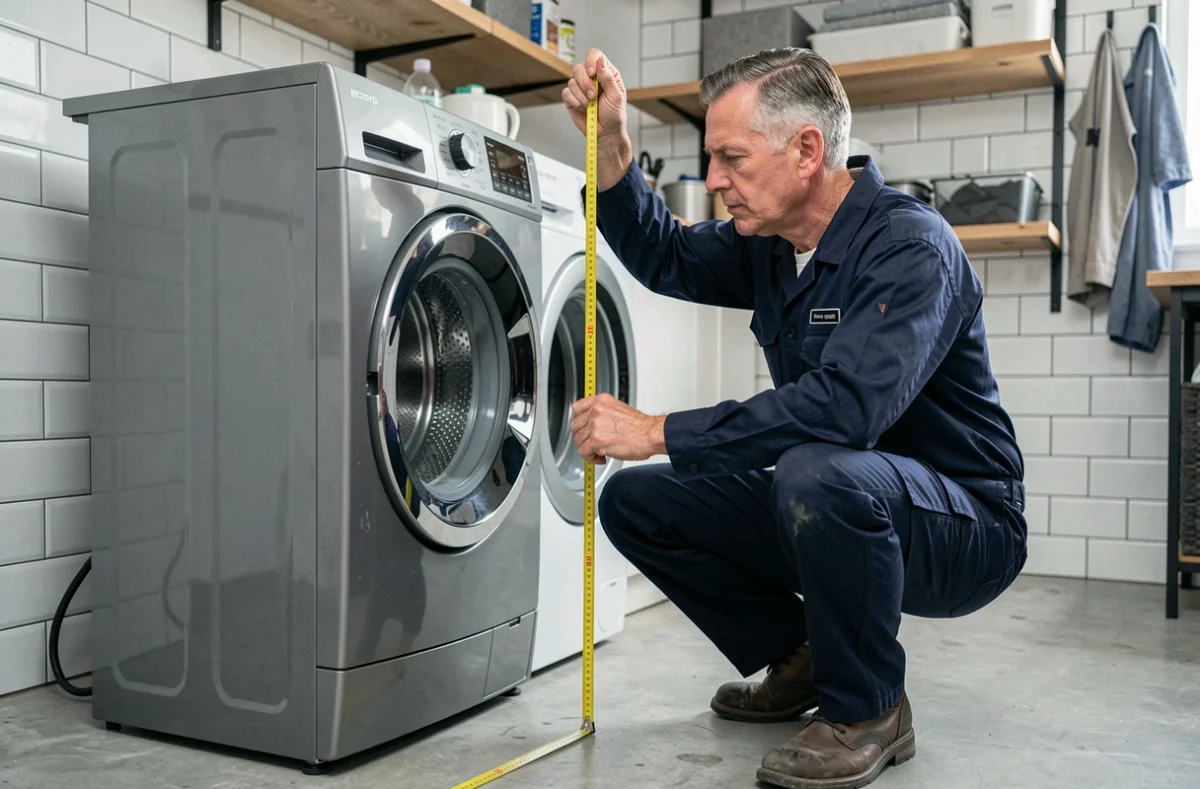 Technicien mesurant la hauteur standard d'une machine à laver dans une buanderie moderne avec un mètre ruban