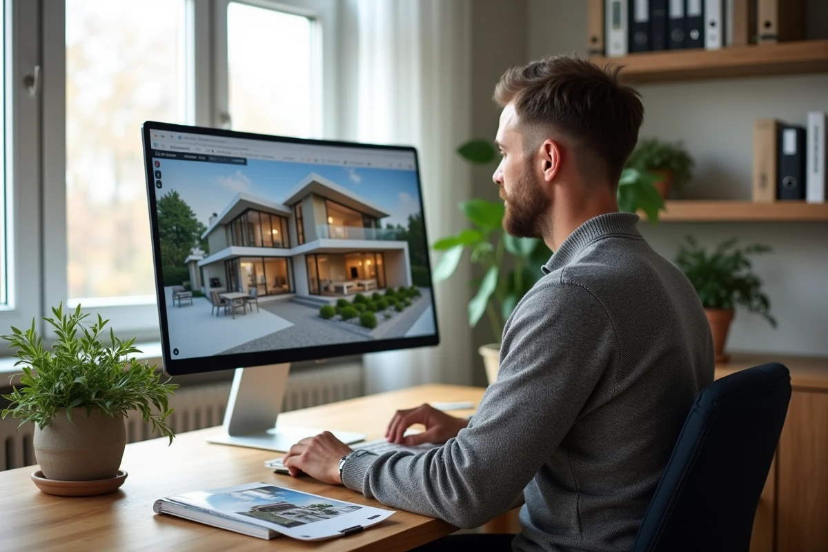 Homme &eacute;tudiant un plan 3D dans un bureau lumineux