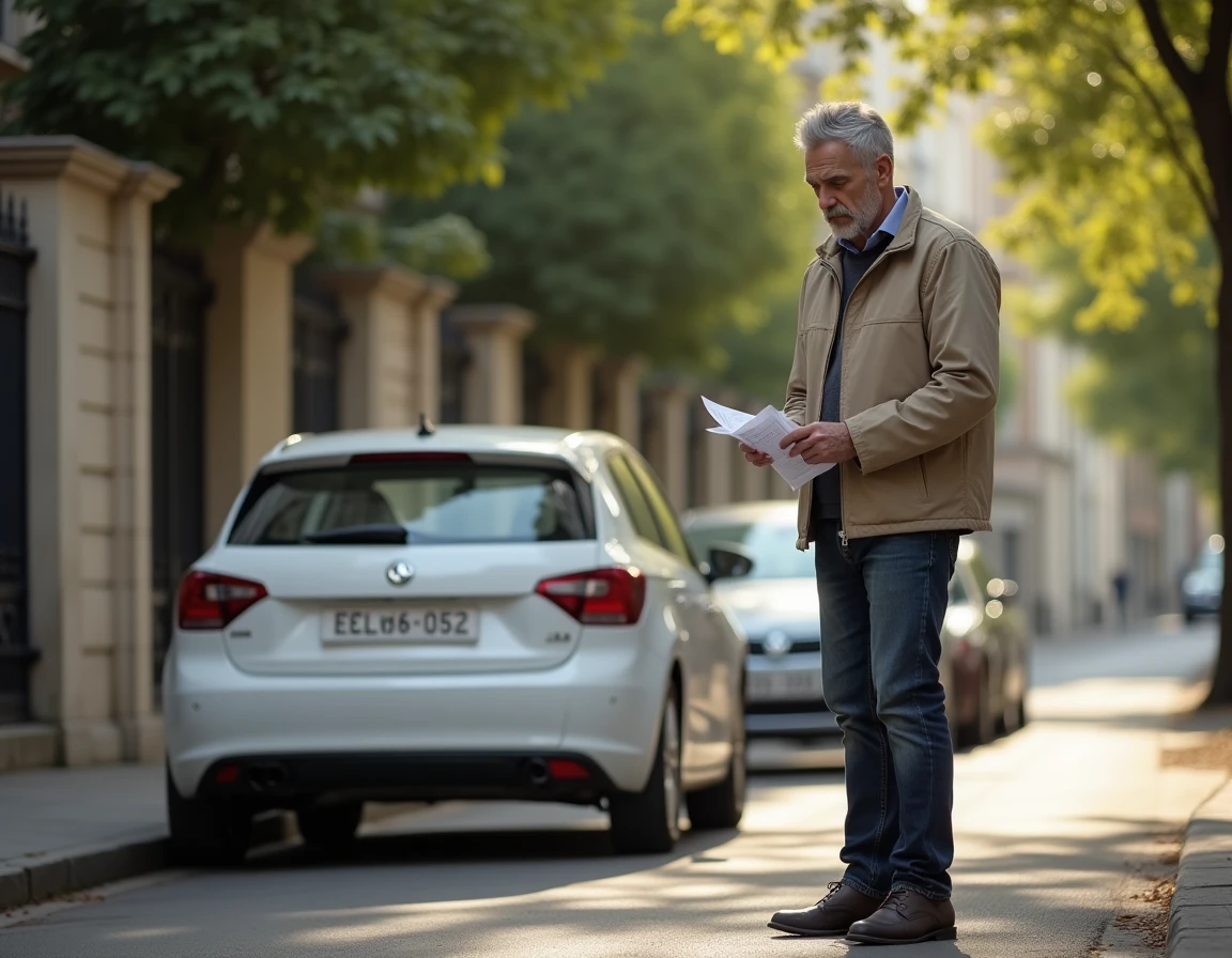 Homme tenant une amende de stationnement sur trottoir devant sa maison dans une rue r&eacute;sidentielle fran&ccedil;aise