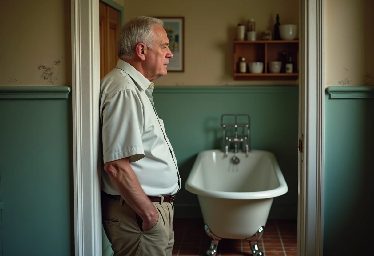 Homme contemplant salle de bain vintage familiale
