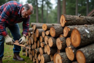 Homme en flanelle examine du bois de chauffage rustique