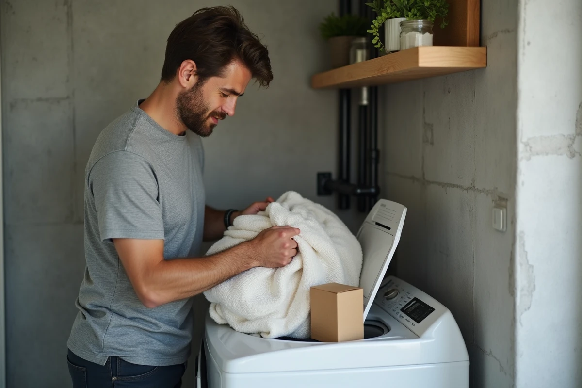 Homme chargeant un lave-linge avec une lessive en poudre écologique dans un appartement urbain