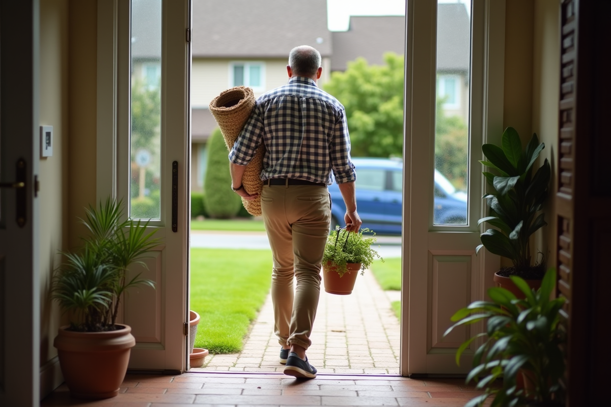 Homme transportant une plante et un tapis lors d