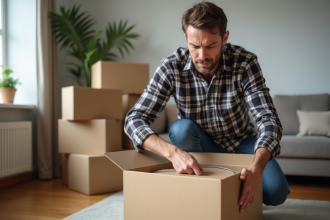 Homme d'âge moyen scellant une boîte de déménagement